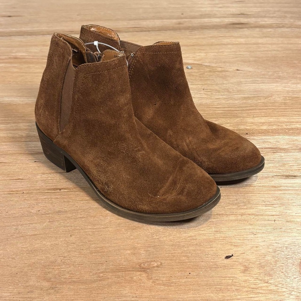 Kensie Garry Brown Suede Ankle Boots Womens 6.5 M Side Zip Low Block Heel Bootie